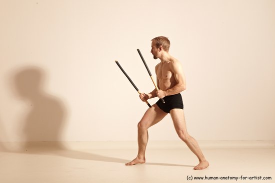 Underwear Fighting Man White Moving poses Slim Short Blond Dynamic poses Academic