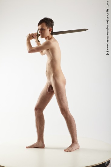 Nude Fighting with sword Man White Slim Short Brown Realistic