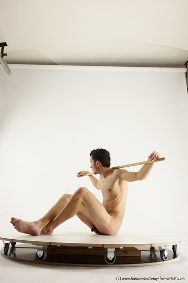 Nude Fighting with spear Man White Sitting poses - simple Athletic Short Brown Sitting poses - ALL Multi angles poses Realistic