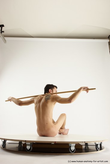 Nude Fighting with spear Man White Sitting poses - simple Athletic Short Brown Sitting poses - ALL Multi angles poses Realistic