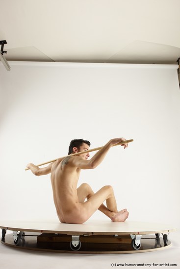 Nude Fighting with spear Man White Sitting poses - simple Athletic Short Brown Sitting poses - ALL Multi angles poses Realistic