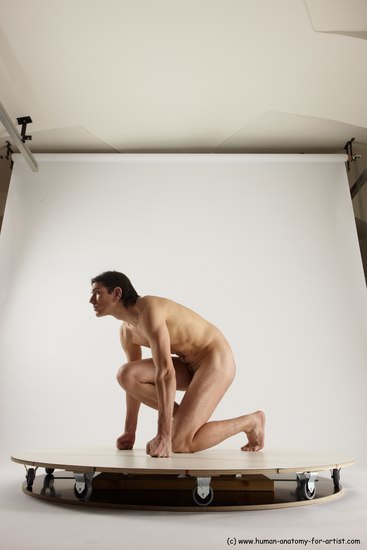 Nude Man White Kneeling poses - ALL Slim Short Brown Kneeling poses - on one knee Multi angles poses Realistic