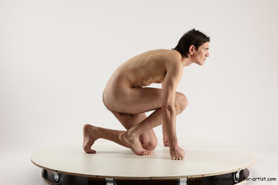 Nude Man White Kneeling poses - ALL Slim Short Brown Kneeling poses - on one knee Multi angles poses Realistic