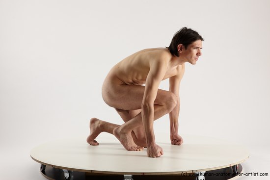 Nude Man White Kneeling poses - ALL Slim Short Brown Kneeling poses - on one knee Multi angles poses Realistic