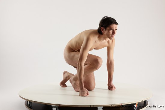 Nude Man White Kneeling poses - ALL Slim Short Brown Kneeling poses - on one knee Multi angles poses Realistic