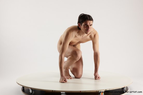 Nude Man White Kneeling poses - ALL Slim Short Brown Kneeling poses - on one knee Multi angles poses Realistic