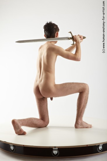 Nude Fighting with sword Man White Kneeling poses - ALL Slim Short Brown Kneeling poses - on one knee Realistic