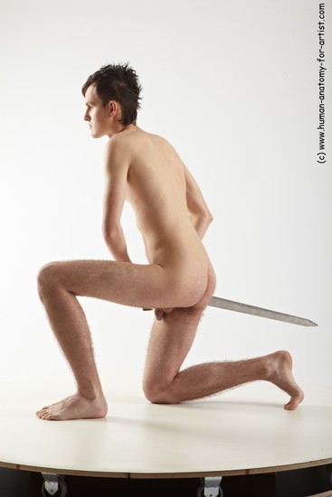 Nude Fighting with sword Man White Kneeling poses - ALL Slim Short Brown Kneeling poses - on one knee Realistic