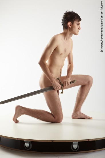 Nude Fighting with sword Man White Kneeling poses - ALL Slim Short Brown Kneeling poses - on one knee Realistic