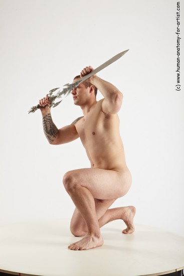 Nude Fighting with sword Man White Kneeling poses - ALL Slim Short Brown Kneeling poses - on one knee Realistic