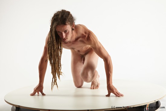 Nude Man White Kneeling poses - ALL Slim Brown Kneeling poses - on one knee Dreadlocks Realistic