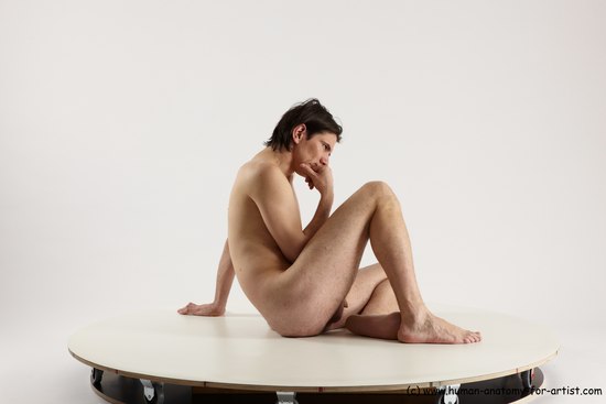 Nude Man White Sitting poses - simple Slim Short Brown Sitting poses - ALL Multi angles poses Realistic