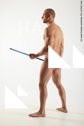 Nude Fighting with spear Man White Standing poses - ALL Muscular Short Brown Standing poses - simple Realistic