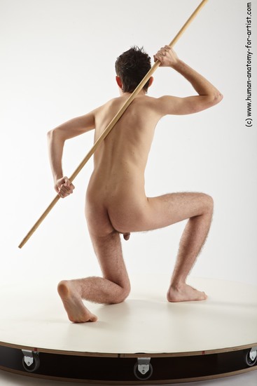 Nude Fighting with spear Man White Kneeling poses - ALL Slim Short Brown Kneeling poses - on one knee Realistic