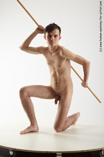 Nude Fighting with spear Man White Kneeling poses - ALL Slim Short Brown Kneeling poses - on one knee Realistic