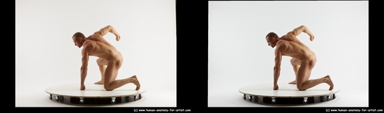 Nude Man White Kneeling poses - ALL Muscular Short Brown Kneeling poses - on one knee 3D Stereoscopic poses Realistic