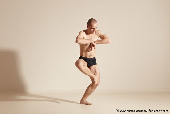 Underwear Gymnastic poses Man White Slim Bald Dancing Dynamic poses Academic