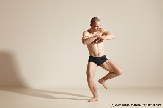 Underwear Gymnastic poses Man White Slim Bald Dancing Dynamic poses Academic