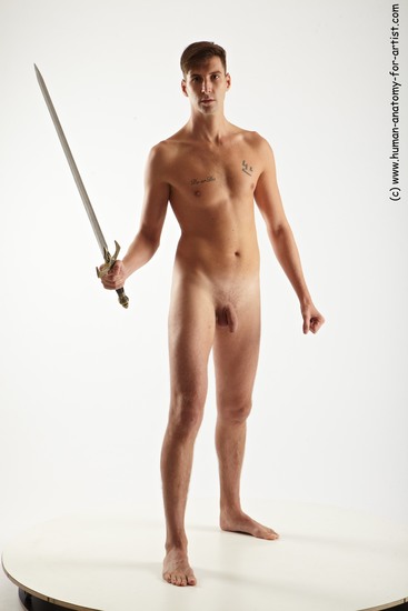 Nude Fighting with sword Man White Standing poses - ALL Slim Short Brown Standing poses - simple Realistic