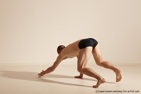 Underwear Gymnastic poses Man White Slim Bald Dancing Dynamic poses Academic