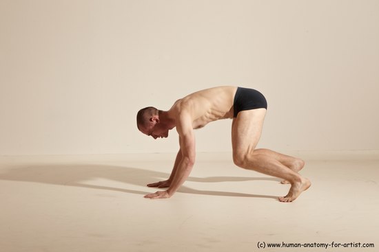 Underwear Gymnastic poses Man White Slim Bald Dancing Dynamic poses Academic