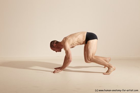 Underwear Gymnastic poses Man White Slim Bald Dancing Dynamic poses Academic