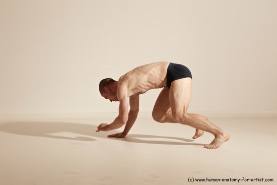 Underwear Gymnastic poses Man White Slim Bald Dancing Dynamic poses Academic