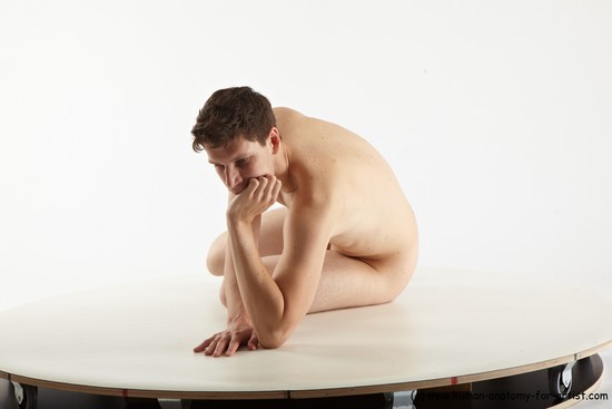 Nude Man White Sitting poses - simple Slim Short Brown Sitting poses - ALL Realistic