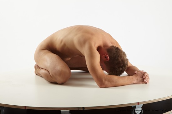 Nude Man White Kneeling poses - ALL Slim Short Brown Kneeling poses - on both knees Realistic