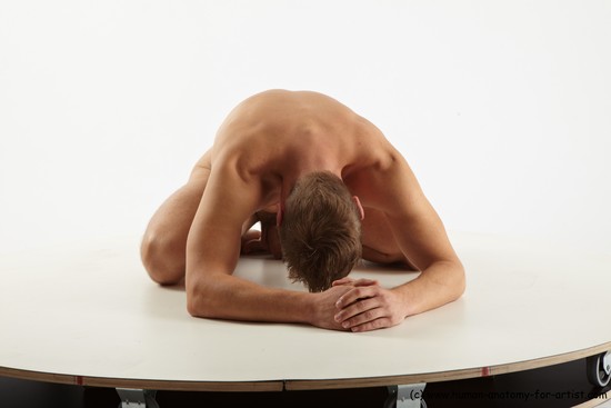 Nude Man White Kneeling poses - ALL Slim Short Brown Kneeling poses - on both knees Realistic