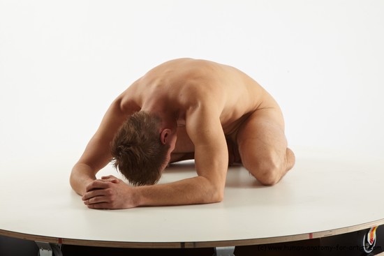 Nude Man White Kneeling poses - ALL Slim Short Brown Kneeling poses - on both knees Realistic