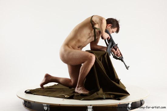 Nude Fighting with submachine gun Man White Slim Short Brown Multi angles poses Realistic