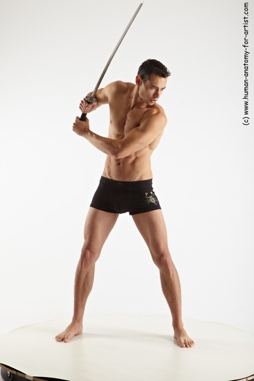 Underwear Fighting with sword Man White Standing poses - ALL Athletic Short Brown Standing poses - simple Academic