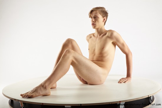 Nude Man White Sitting poses - simple Slim Short Blond Sitting poses - ALL Realistic