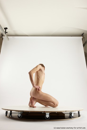 Nude Man White Kneeling poses - ALL Underweight Medium Brown Kneeling poses - on both knees Multi angles poses Realistic