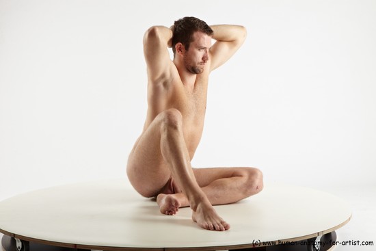 Nude Man White Sitting poses - simple Slim Short Brown Sitting poses - ALL Realistic