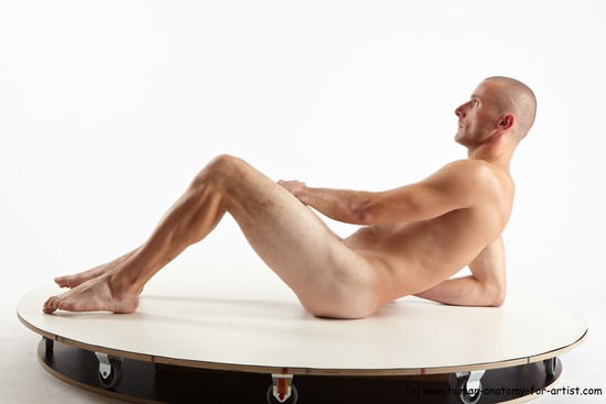 Nude Man White Laying poses - ALL Slim Bald Laying poses - on back Realistic