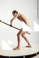 Nude Fighting with spear Man White Slim Short Brown Realistic
