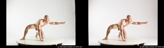 Nude Man White Kneeling poses - ALL Muscular Bald Kneeling poses - on one knee 3D Stereoscopic poses Realistic