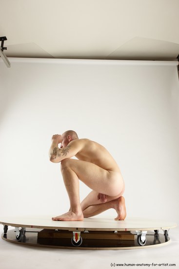 Nude Man White Slim Bald Sitting poses - ALL Sitting poses - on knees Multi angles poses Realistic