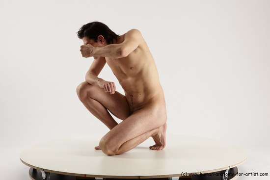 Nude Man White Slim Short Brown Sitting poses - ALL Sitting poses - on knees Multi angles poses Realistic