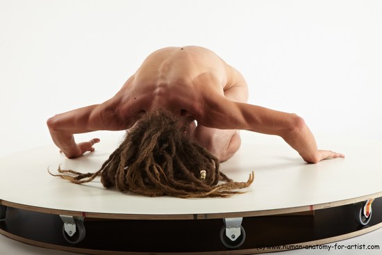 Nude Gymnastic poses Man White Slim Brown Dreadlocks Multi angles poses Realistic