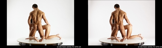 Nude Woman - Man White Kneeling poses - ALL Muscular Short Brown Kneeling poses - on both knees 3D Stereoscopic poses Realistic