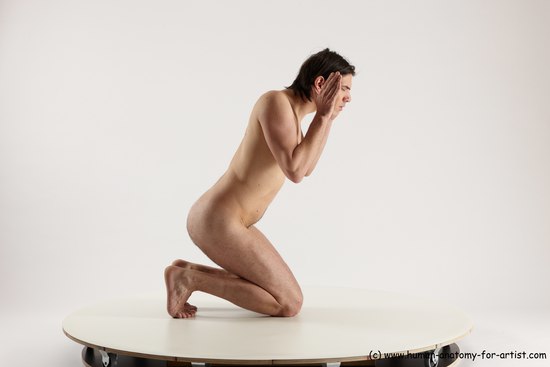 Nude Man White Kneeling poses - ALL Slim Short Brown Kneeling poses - on both knees Multi angles poses Realistic