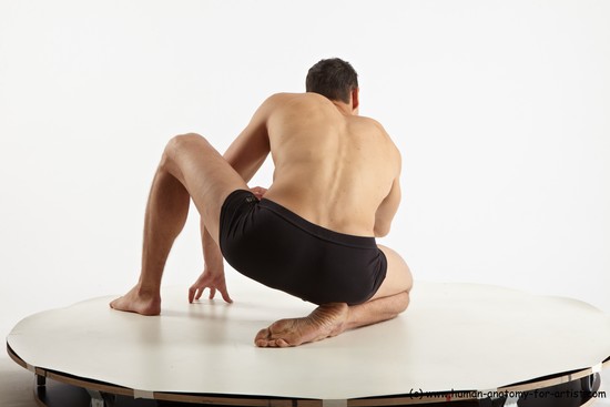 Underwear Man White Athletic Short Brown Sitting poses - ALL Sitting poses - on knees Academic