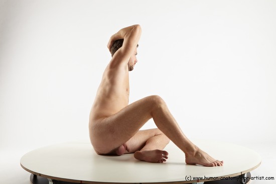 Nude Man White Sitting poses - simple Slim Short Brown Sitting poses - ALL Realistic