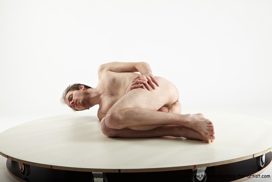 Nude Man White Laying poses - ALL Slim Short Brown Laying poses - on side Realistic