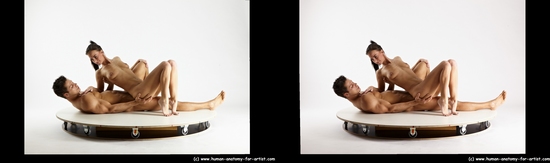 Nude Woman - Man White Laying poses - ALL Muscular Short Brown Laying poses - on back 3D Stereoscopic poses Realistic