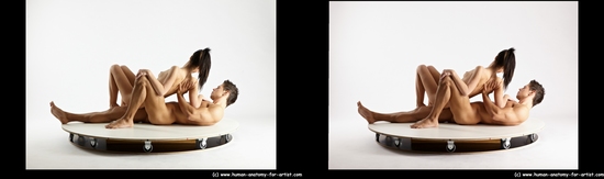 Nude Woman - Man White Laying poses - ALL Muscular Short Brown Laying poses - on back 3D Stereoscopic poses Realistic