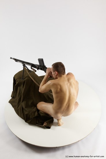 Nude Fighting with submachine gun Man White Slim Short Brown Multi angles poses Realistic